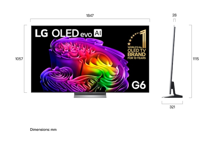 LG OLED evo AI G6 shown in front and side views highlights an 83-inch display with a 1847 mm-wide screen, 1057 mm screen height, 1115 mm height with stand, a 28 mm depth, and a stand footprint measuring 501 by 321 mm.