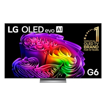 The front view of LG OLED evo AI G6, released in 2026, features a slim black bezel, with a vivid, sculptural image of richly layered, multicolored forms filling the screen.