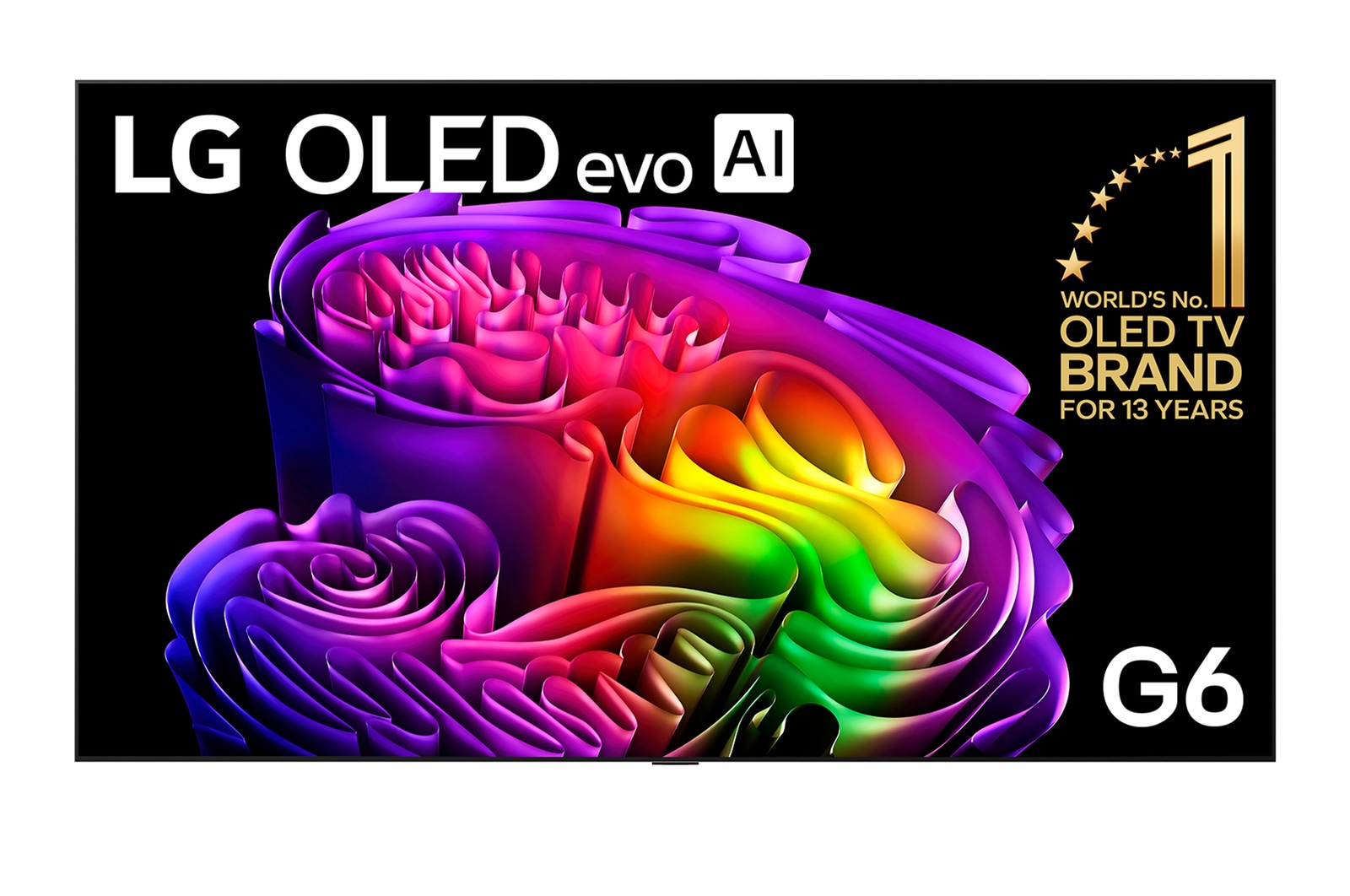 The front view of the LG OLED evo AI G6, released in 2026, displays an image of layered, multicolored forms, featuring Hyper Radiant Color Tech, Perfect Black & Perfect Color, along with the World’s No.1 OLED TV for 13 Years badge.
