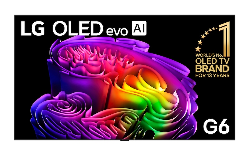 The front view of the LG OLED evo AI G6, released in 2026, displays an image of layered, multicolored forms, featuring Hyper Radiant Color Tech, Perfect Black & Perfect Color, along with the World’s No.1 OLED TV for 13 Years badge.