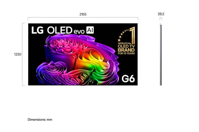 LG OLED evo AI G6 shown in front and side views highlights a 97-inch display with a 2155 mm-wide screen, an overall height of 1230 mm, and an ultra-slim 28.2 mm depth without a stand.