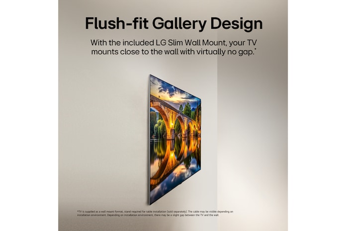 LG OLED evo AI G6, shown from the side, highlights its Flush Fit Gallery Design with a zero-gap wall-mounted installation, displaying a night scene of a lit bridge with reflections on water.