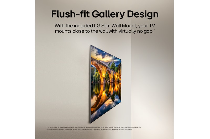 LG OLED evo AI G6, shown from the side, highlights its Flush Fit Gallery Design with a zero-gap wall-mounted installation, displaying a night scene of a lit bridge with reflections on water.