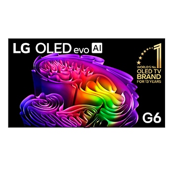 The front view of the LG OLED evo AI G6, released in 2026, displays an image of layered, multicolored forms, featuring Hyper Radiant Color Tech, Perfect Black & Perfect Color, along with the World’s No.1 OLED TV for 13 Years badge.