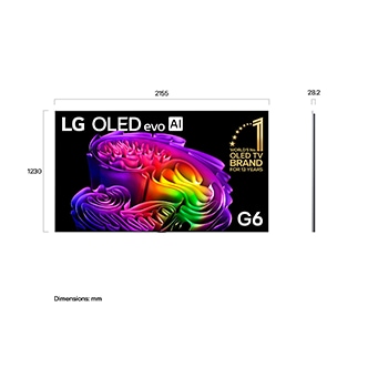 LG OLED evo AI G6 shown in front and side views highlights a 97-inch display with a 2155 mm-wide screen, an overall height of 1230 mm, and an ultra-slim 28.2 mm depth without a stand.