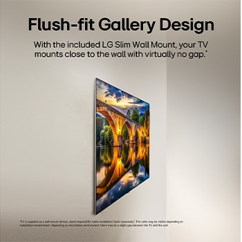 LG OLED evo AI G6, shown from the side, highlights its Flush Fit Gallery Design with a zero-gap wall-mounted installation, displaying a night scene of a lit bridge with reflections on water.