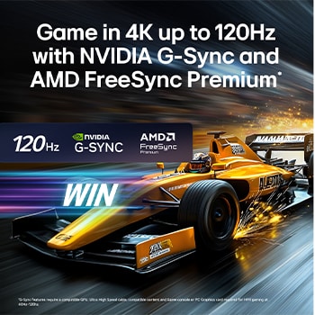 LG OLEAD evo AI G6 for Unbeatable Gameplay in 4K 120Hz shows a high-speed racing game with a yellow open-wheel car in motion, bold “WIN” text on screen, and NVIDIA G-SYNC and AMD FreeSync Premium logos at the top.