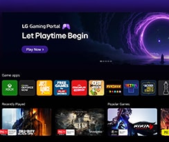 LG QNED AI QNED70 Mini LED features the LG Gaming Portal with a gaming hub layout, combining featured content and game tiles in a unified interface that expands to provide access to GeForce NOW and webOS game apps.