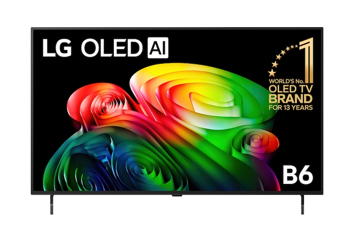 The front view of the LG OLED AI B6, released in 2026, displays an image of layered, multicolored forms, featuring Perfect Black & Perfect Color, along with the World’s No.1 OLED TV for 13 Years badge.