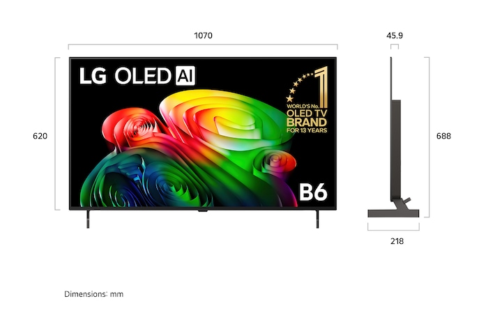 LG OLED AI B6 shown in front and side views highlights a 65-inch display with a 1449 mm-wide screen, an overall height of 832 mm, and an ultra-slim 45.9 mm depth without a stand.