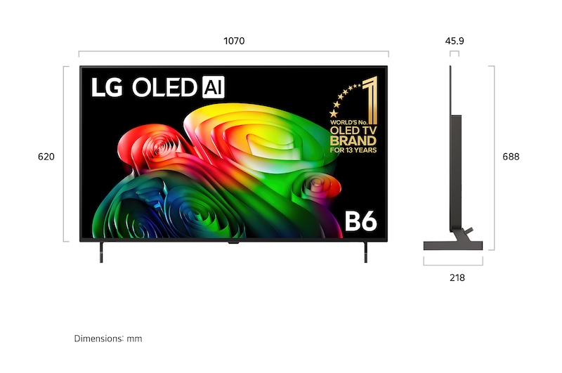 LG OLED AI B6 shown in front and side views highlights a 65-inch display with a 1449 mm-wide screen, an overall height of 832 mm, and an ultra-slim 45.9 mm depth without a stand.