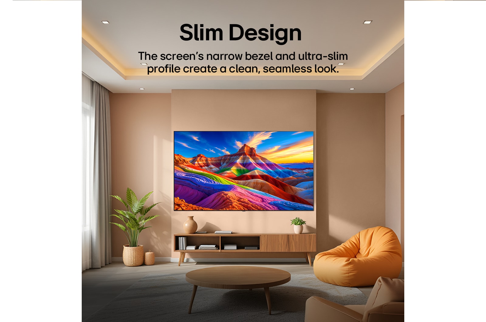 LG OLED AI B6 is wall-mounted in a styled living space, featuring an ultra-slim design with narrow bezels, and it displays a rainbow-toned landscape with layered mountain forms on screen.