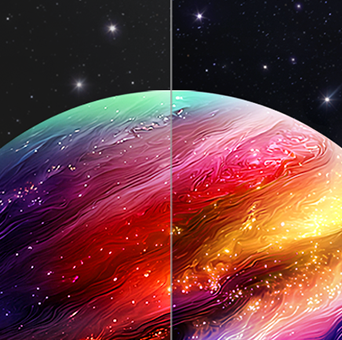 LG OLED AI B6, featuring Perfect Black & Perfect Color, shows a split planetary scene contrasting weaker blacks on the left with clearer detail, deeper blacks, and more vivid color expression on the right.