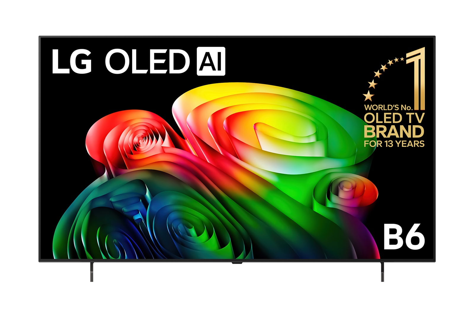 The front view of the LG OLED AI B6, released in 2026, displays an image of layered, multicolored forms, featuring Perfect Black & Perfect Color, along with the World’s No.1 OLED TV for 13 Years badge.