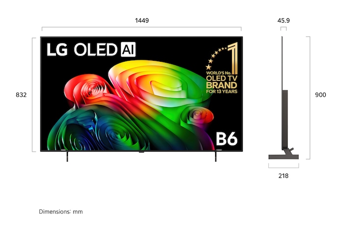 LG OLED AI B6 shown in front and side views highlights a 65-inch display with a 1449 mm-wide screen, an overall height of 832 mm, and an ultra-slim 45.9 mm depth without a stand.