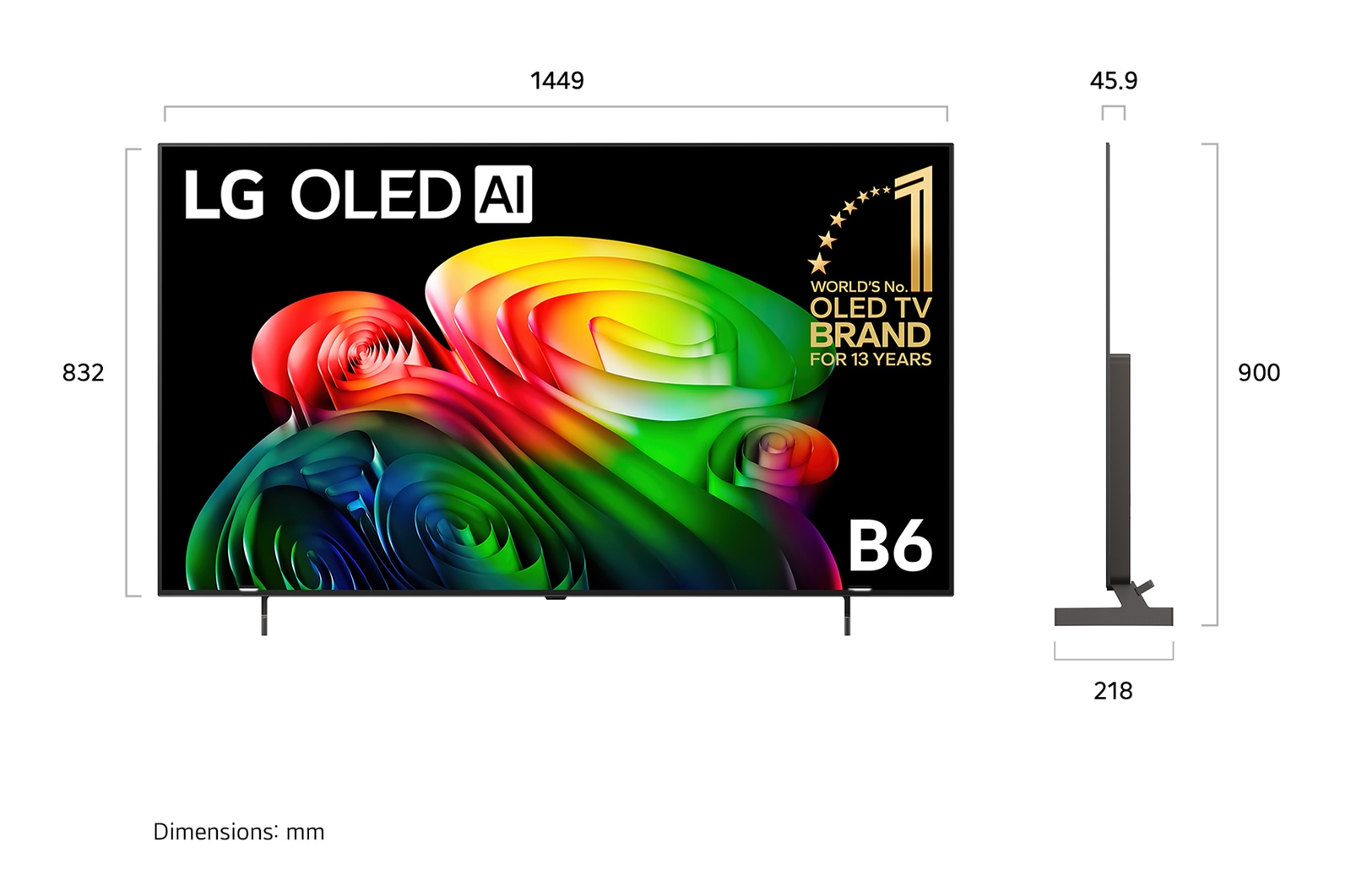 LG OLED AI B6 shown in front and side views highlights a 65-inch display with a 1449 mm-wide screen, an overall height of 832 mm, and an ultra-slim 45.9 mm depth without a stand.