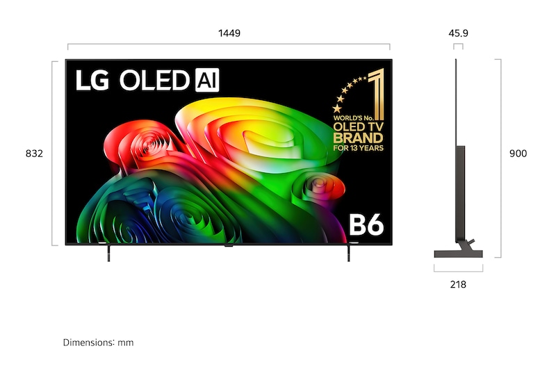 LG OLED AI B6 shown in front and side views highlights a 65-inch display with a 1449 mm-wide screen, an overall height of 832 mm, and an ultra-slim 45.9 mm depth without a stand.