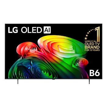 The front view of the LG OLED AI B6, released in 2026, displays an image of layered, multicolored forms, featuring Perfect Black & Perfect Color, along with the World’s No.1 OLED TV for 13 Years badge.