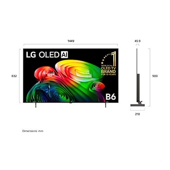 LG OLED AI B6 shown in front and side views highlights a 65-inch display with a 1449 mm-wide screen, an overall height of 832 mm, and an ultra-slim 45.9 mm depth without a stand.