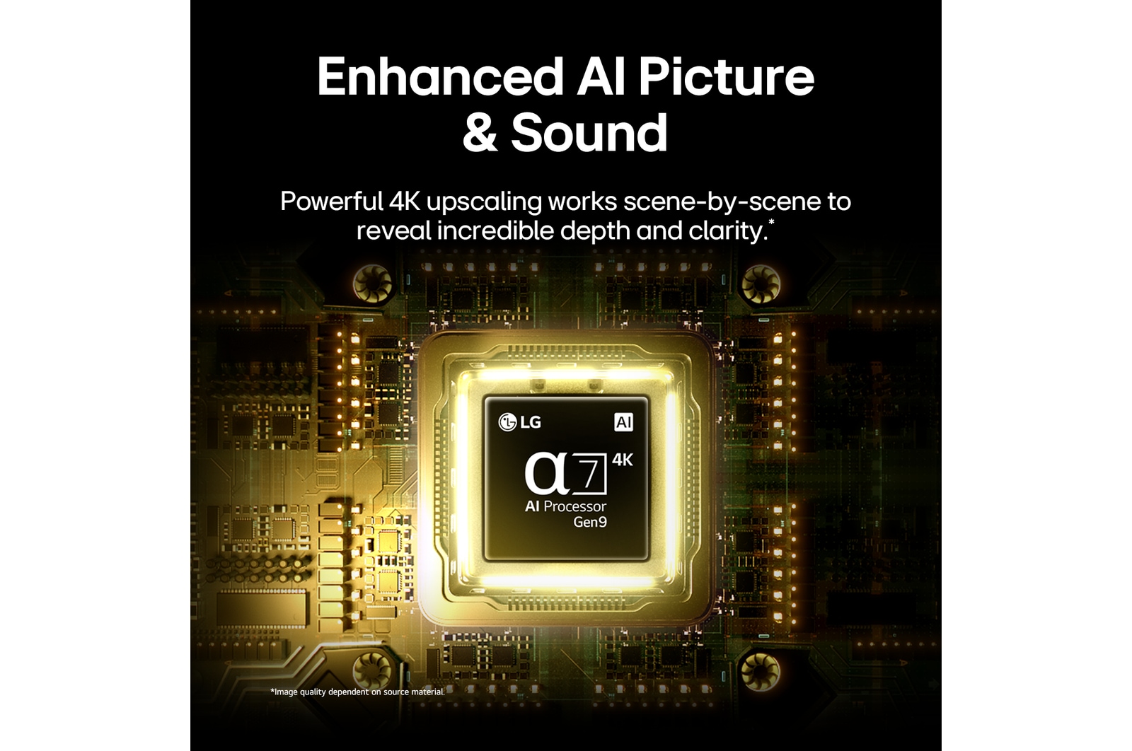 LG QNED evo AI QNED80 Mini LED’s alpha 7 AI Processor 4K Gen9 glows at the center of a yellow circuit board, highlighting smarter, more powerful AI processing that enhances 4K image clarity with improved contrast and depth.