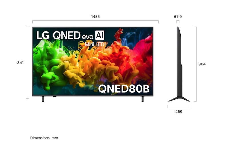 LG QNED evo AI QNED80 Mini LED shown in front and side views highlights a 65-inch display with a 1455 mm-wide screen, 841 mm screen height, 904 mm height with stand, a 67.9 mm profile depth, and a stand footprint measuring 1217 by 269 mm.