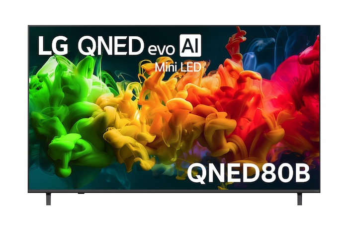 The front view of the LG QNED evo AI QNED80 Mini LED, released in 2026, displays vivid, fluid flows of multicolored motion on screen, featuring Dynamic QNED Color Pro, Mini LED, an α7 AI Processor 4K Gen9, webOS, and an 85-inch display.