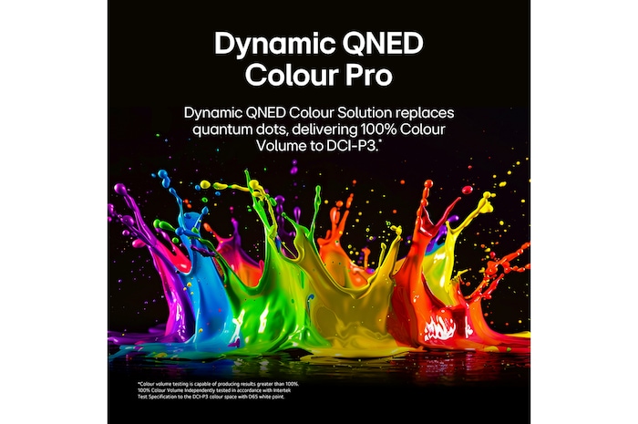 LG QNED evo AI QNED80 Mini LED with Dynamic QNED Color Pro fills the screen with vivid, fluid bursts of multicolored, paint-like motion, showcasing enhanced color vibrancy certified for 100% Color Volume.