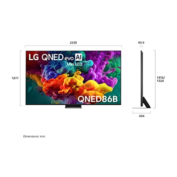 LG QNED evo AI QNED85 shown in front and side views highlights an 86-inch display with a 1928 mm-wide screen, 1108 mm screen height, 1175 mm height with stand, a 30.9 mm slim profile depth, and a stand footprint measuring 1582/524 by 359 mm.