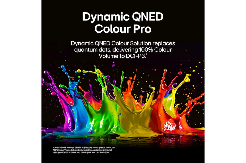 LG QNED evo AI QNED85 with Dynamic QNED Color Pro fills the screen with vivid, fluid bursts of multicolored, paint-like motion, showcasing enhanced color vibrancy certified for 100% Color Volume.