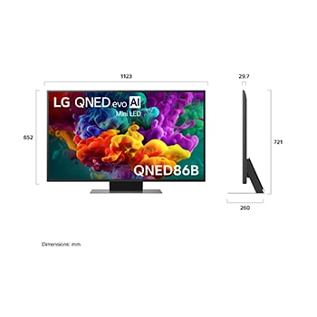 LG QNED evo AI QNED85 shown in front and side views highlights a 65-inch display with a 1456 mm-wide screen, 840 mm screen height, 904 mm height with stand, a 29.7 mm slim profile depth, and a stand footprint measuring 1167/425 by 295 mm.