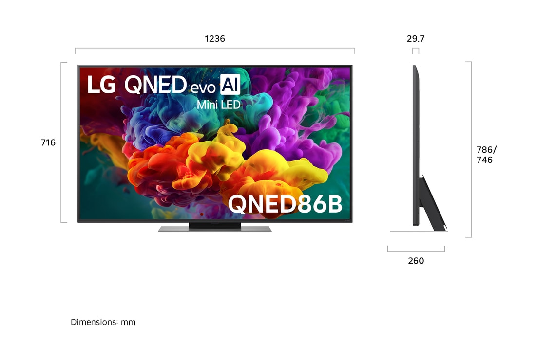 LG QNED evo AI QNED85 shown in front and side views highlights a 65-inch display with a 1456 mm-wide screen, 840 mm screen height, 904 mm height with stand, a 29.7 mm slim profile depth, and a stand footprint measuring 1167/425 by 295 mm.