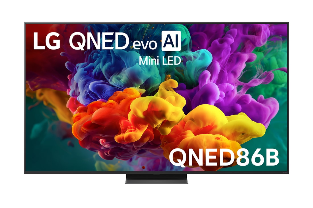 The front view of LG QNED evo AI QNED85, released in 2026, fills the screen with vivid, fluid bursts of multicolored, paint-like motion, as dense clouds of color blend seamlessly across the display.