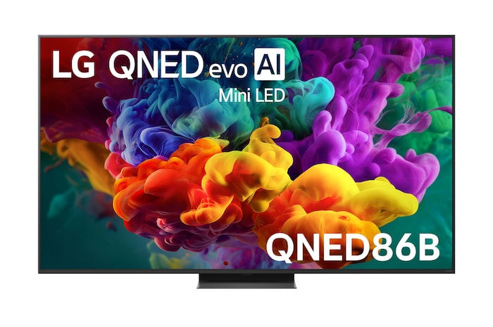The front view of LG QNED evo AI QNED85, released in 2026, fills the screen with vivid, fluid bursts of multicolored, paint-like motion, as dense clouds of color blend seamlessly across the display.