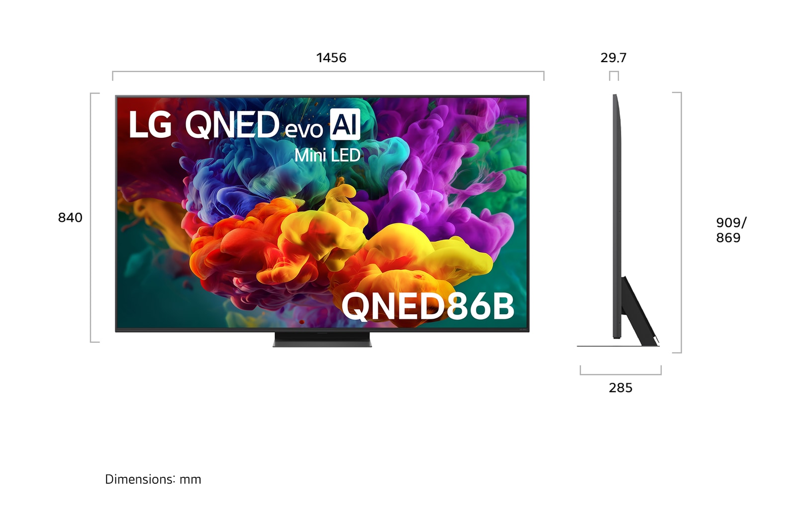 LG QNED evo AI QNED85 shown in front and side views highlights a 65-inch display with a 1456 mm-wide screen, 840 mm screen height, 904 mm height with stand, a 29.7 mm slim profile depth, and a stand footprint measuring 1167/425 by 295 mm.