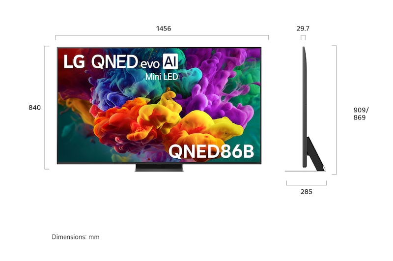 LG QNED evo AI QNED85 shown in front and side views highlights a 65-inch display with a 1456 mm-wide screen, 840 mm screen height, 904 mm height with stand, a 29.7 mm slim profile depth, and a stand footprint measuring 1167/425 by 295 mm.