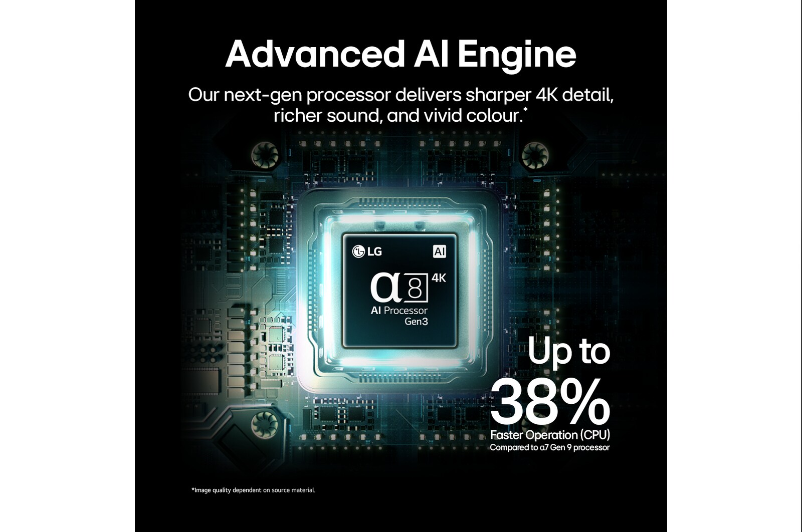 LG QNED evo AI QNED85’s alpha 8 AI Processor 4K Gen3 glows in blue light on a circuit board, highlighting AI processing performance with NPU up to x5.0 faster, CPU 10% faster processing, and 20% larger memory capacity.