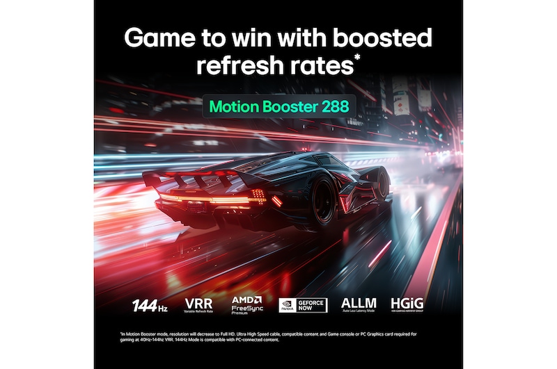 LG QNED evo AI QNED85 for Ultimate Gameplay shows a vibrant, high-speed racing scene with a blurred comparison inset highlighting Motion Booster 288, while supporting 144Hz, VRR, AMD FreeSync, ALLM, HGiG, and GeForce NOW.