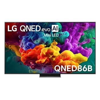 The front view of LG QNED evo AI QNED85, released in 2026, fills the screen with vivid, fluid bursts of multicolored, paint-like motion, as dense clouds of color blend seamlessly across the display.