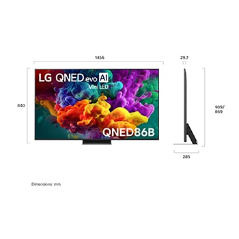 LG QNED evo AI QNED85 shown in front and side views highlights a 65-inch display with a 1456 mm-wide screen, 840 mm screen height, 904 mm height with stand, a 29.7 mm slim profile depth, and a stand footprint measuring 1167/425 by 295 mm.