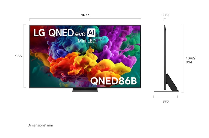 LG QNED evo AI QNED85 shown in front and side views highlights an 86-inch display with a 1928 mm-wide screen, 1108 mm screen height, 1175 mm height with stand, a 30.9 mm slim profile depth, and a stand footprint measuring 1582/524 by 359 mm.