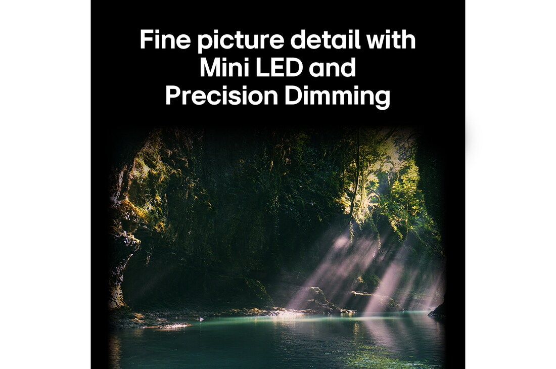 LG QNED evo AI QNED85 highlights Mini LED with Precision Dimming in a split forest scene, comparing conventional LED with deeper blacks and more refined contrast as sunlight filters through the trees for greater clarity and depth.