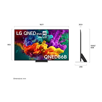 LG QNED evo AI QNED85 shown in front and side views highlights an 86-inch display with a 1928 mm-wide screen, 1108 mm screen height, 1175 mm height with stand, a 30.9 mm slim profile depth, and a stand footprint measuring 1582/524 by 359 mm.