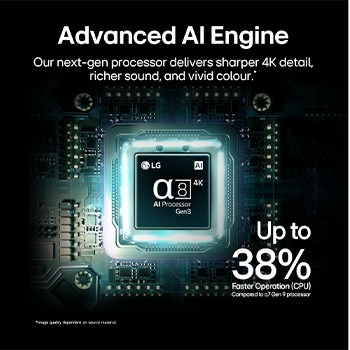 LG QNED evo AI QNED85’s alpha 8 AI Processor 4K Gen3 glows in blue light on a circuit board, highlighting AI processing performance with NPU up to x5.0 faster, CPU 10% faster processing, and 20% larger memory capacity.