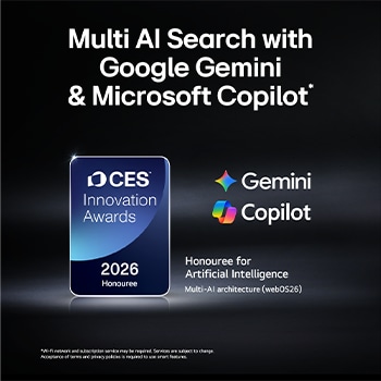 The 2026 CES Innovation Awards Honoree badge in the Artificial Intelligence category recognizes Multi-AI search with Google Gemini and Microsoft Copilot.