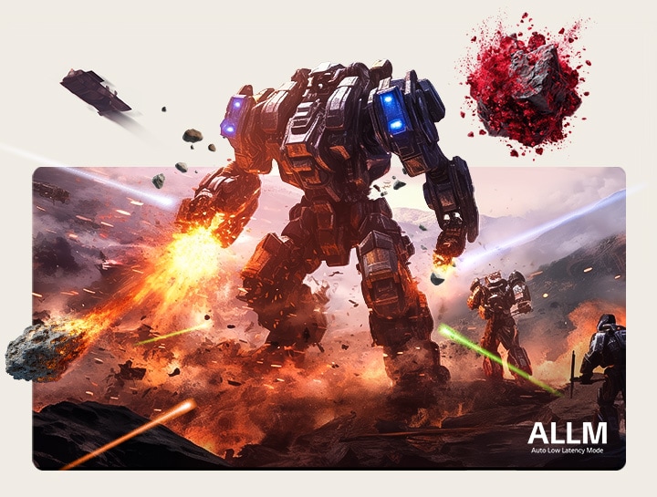 LG OLED evo AI G6 with low input-lag shows an intense gaming scene with a towering combat robot amid explosions, with on-screen text referencing Auto Low Latency Mode (ALLM) and Intertek-certified Qualified Gaming Performance.