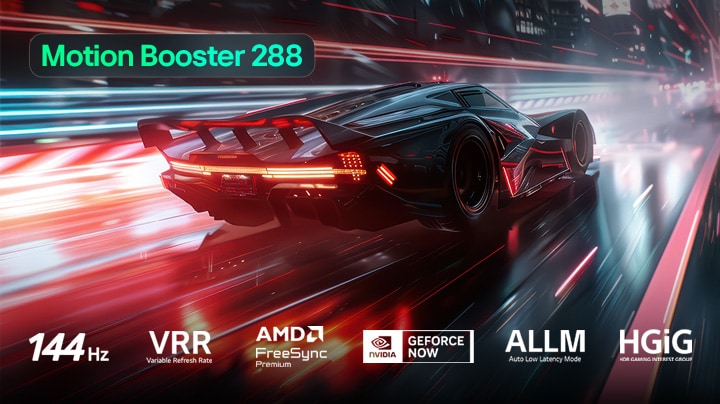 LG QNED evo AI QNED80 Mini LED foLG QNED evo AI QNED85 Mini LED for Ultimate Gameplay shows a vibrant, high-speed racing scene with a blurred comparison inset highlighting Motion Booster 288, while supporting 144Hz, VRR, AMD FreeSync, ALLM, HGiG, and GeForce NOW.r Ultimate Gameplay shows a high-speed racing scene with a comparison inset highlighting smoother motion through Motion Booster 120, while supporting 60Hz, VRR, AMD FreeSync, ALLM, HGiG, and GeForce NOW.