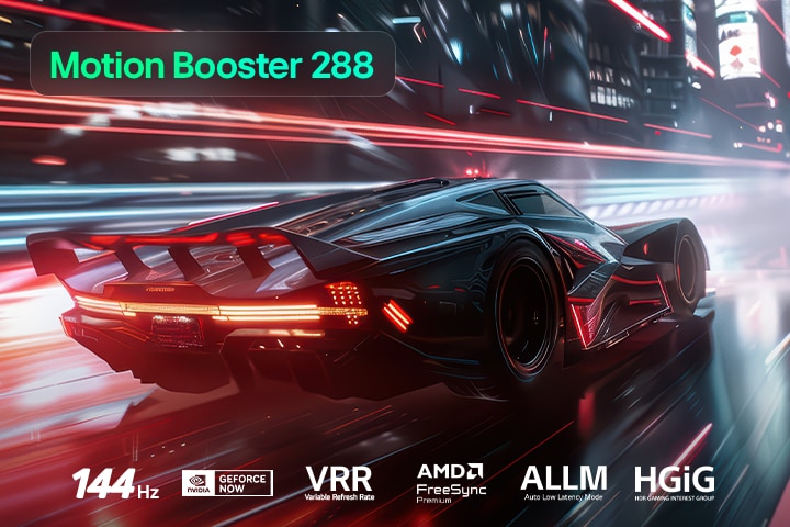 LG QNED evo AI QNED80 Mini LED foLG QNED evo AI QNED85 Mini LED for Ultimate Gameplay shows a vibrant, high-speed racing scene with a blurred comparison inset highlighting Motion Booster 288, while supporting 144Hz, VRR, AMD FreeSync, ALLM, HGiG, and GeForce NOW.r Ultimate Gameplay shows a high-speed racing scene with a comparison inset highlighting smoother motion through Motion Booster 120, while supporting 60Hz, VRR, AMD FreeSync, ALLM, HGiG, and GeForce NOW.