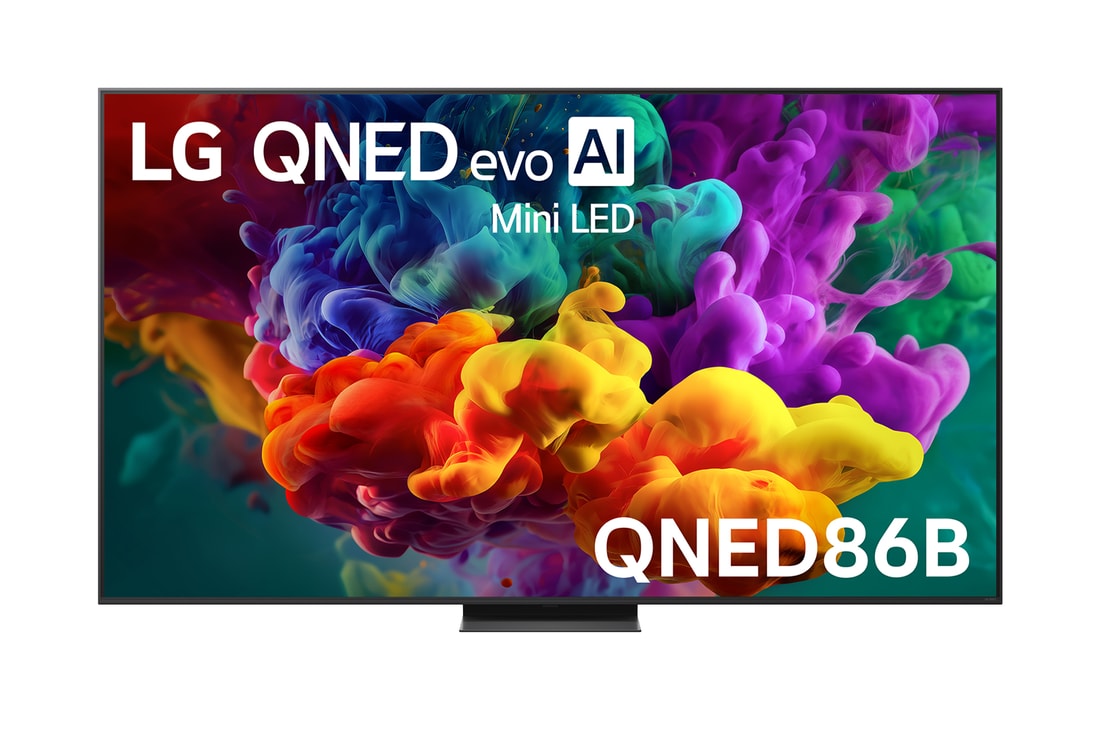 The front view of LG QNED evo AI QNED85, released in 2026, fills the screen with vivid, fluid bursts of multicolored, paint-like motion, as dense clouds of color blend seamlessly across the display.