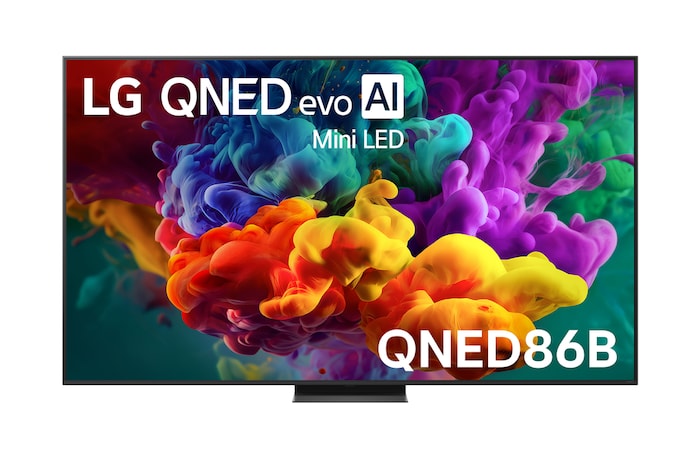 The front view of LG QNED evo AI QNED85, released in 2026, fills the screen with vivid, fluid bursts of multicolored, paint-like motion, as dense clouds of color blend seamlessly across the display.