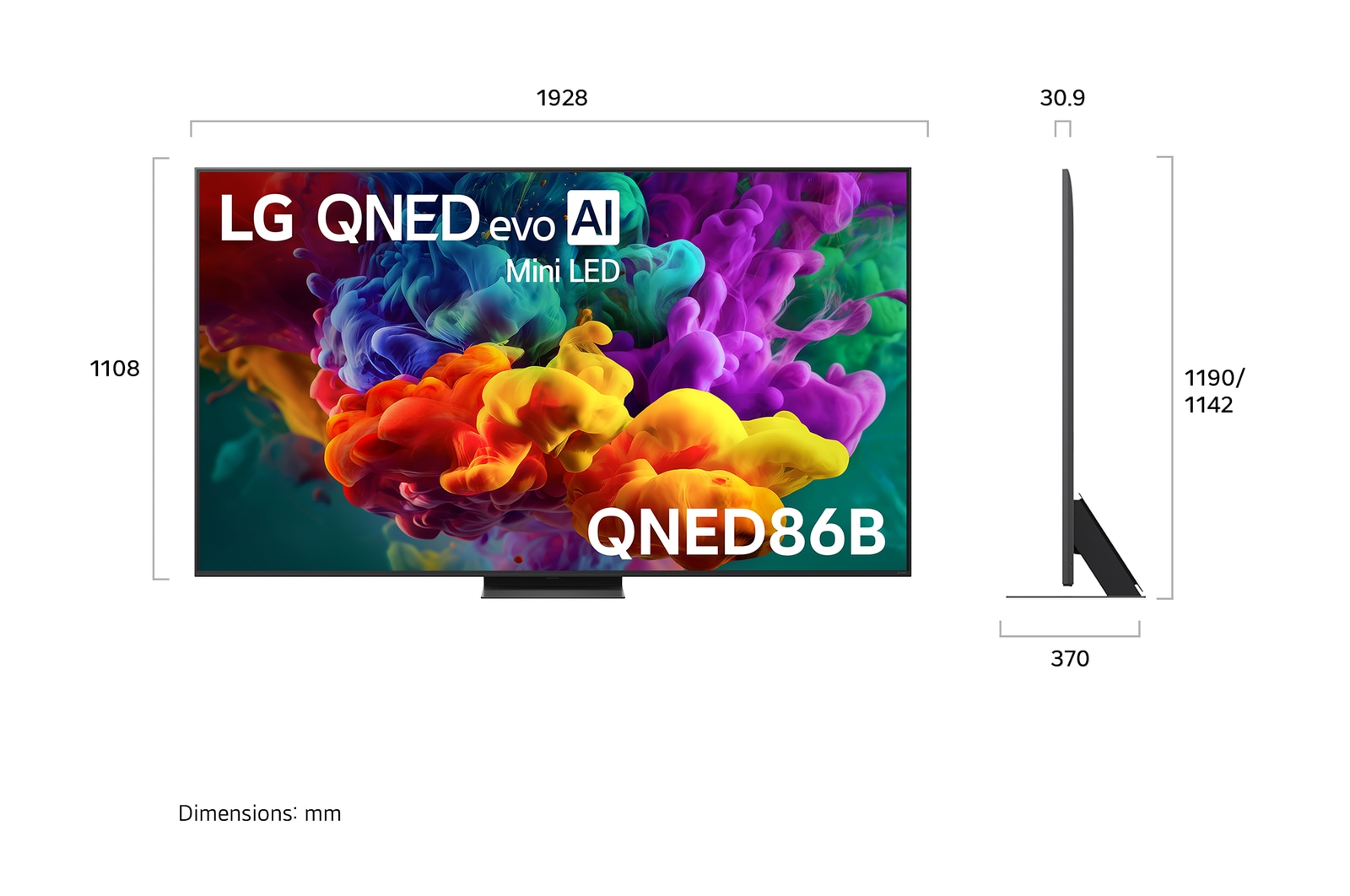 LG QNED evo AI QNED85 shown in front and side views highlights an 86-inch display with a 1928 mm-wide screen, 1108 mm screen height, 1175 mm height with stand, a 30.9 mm slim profile depth, and a stand footprint measuring 1582/524 by 359 mm.